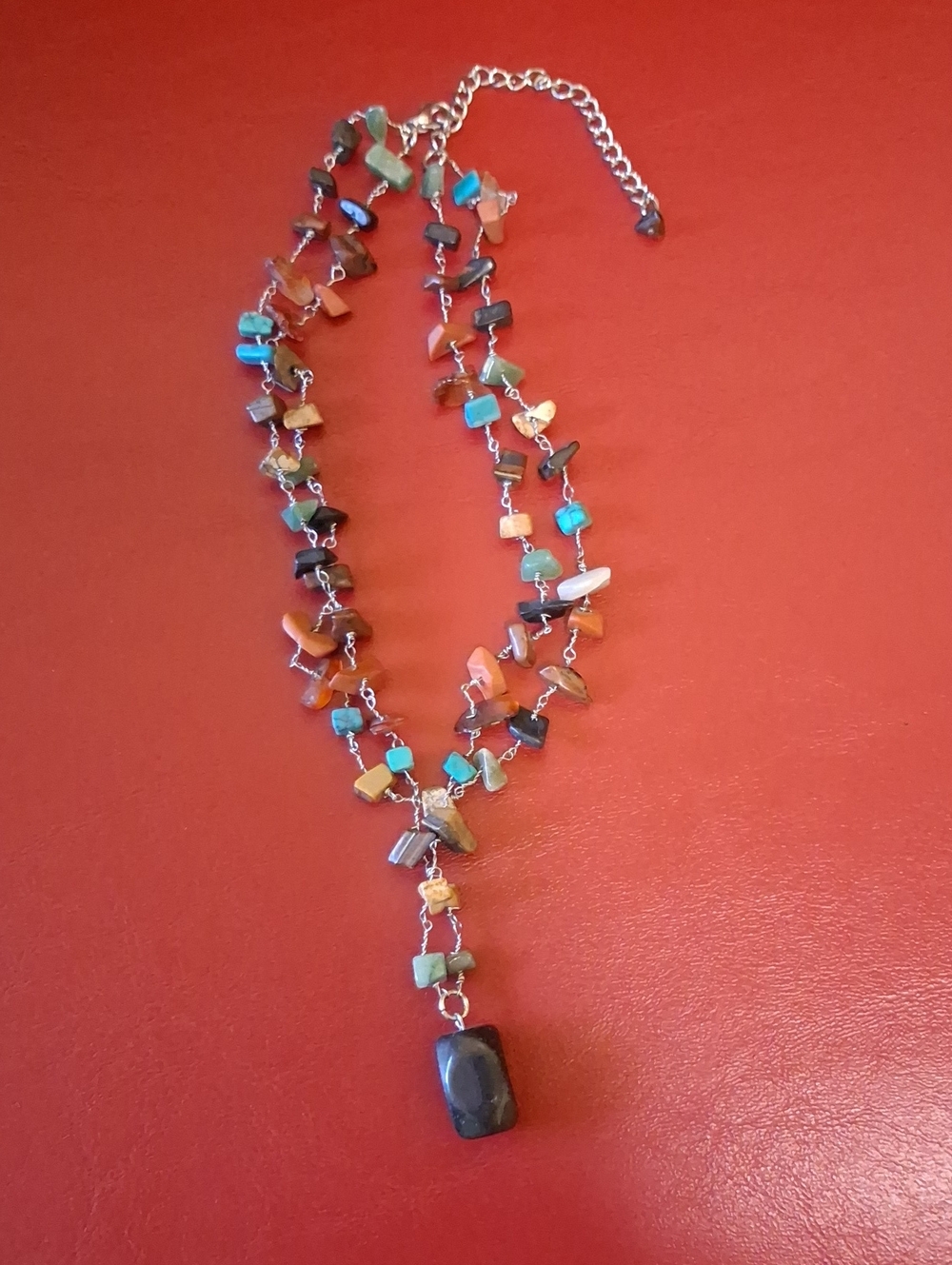 Multicolor Gem Chip Y-Necklace with Black Pendant